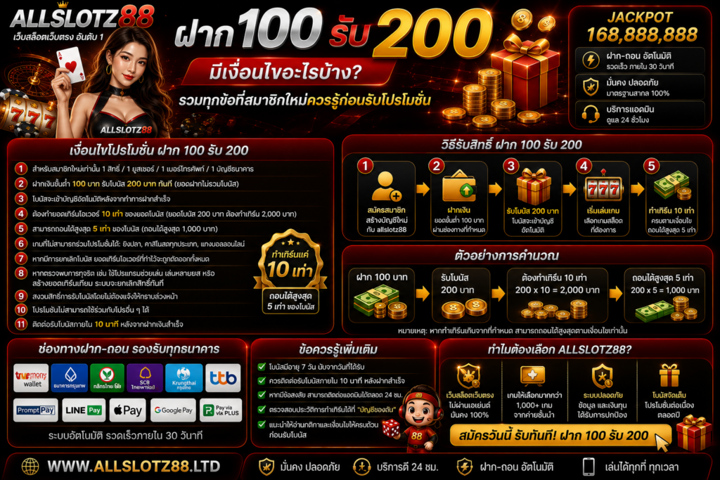 ฝาก100 รับ200 มีเงื่อนไขอะไรบ้าง? รวมทุกข้อที่สมาชิกใหม่ควรรู้ก่อนรับโปรโมชัน